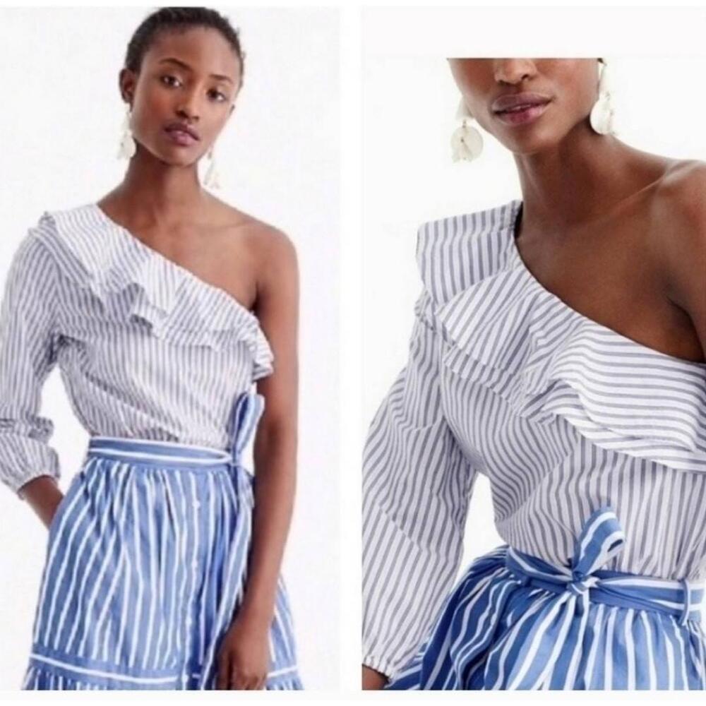 J.Crew Blue White Striped Ruffled One-Shoulder Top Size 12 - Picture 2 of 9